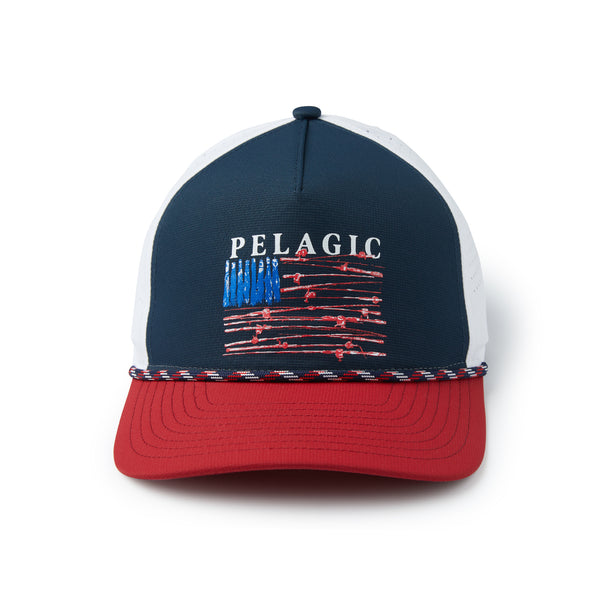 Pelagic Upswell Reel Flag Mid Crown Trucker Hat - Dogfish Tackle & Marine