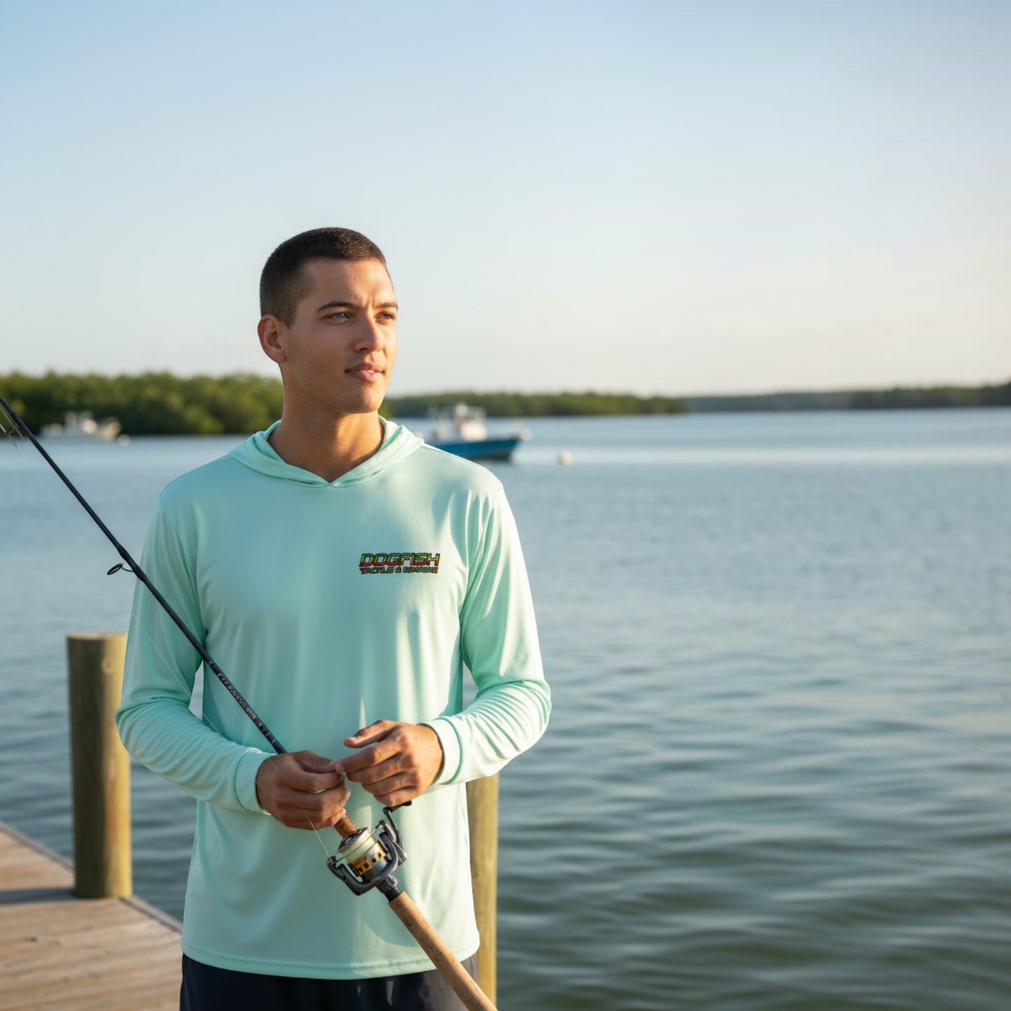 Man holding a fishing rod on a dock by a body of water