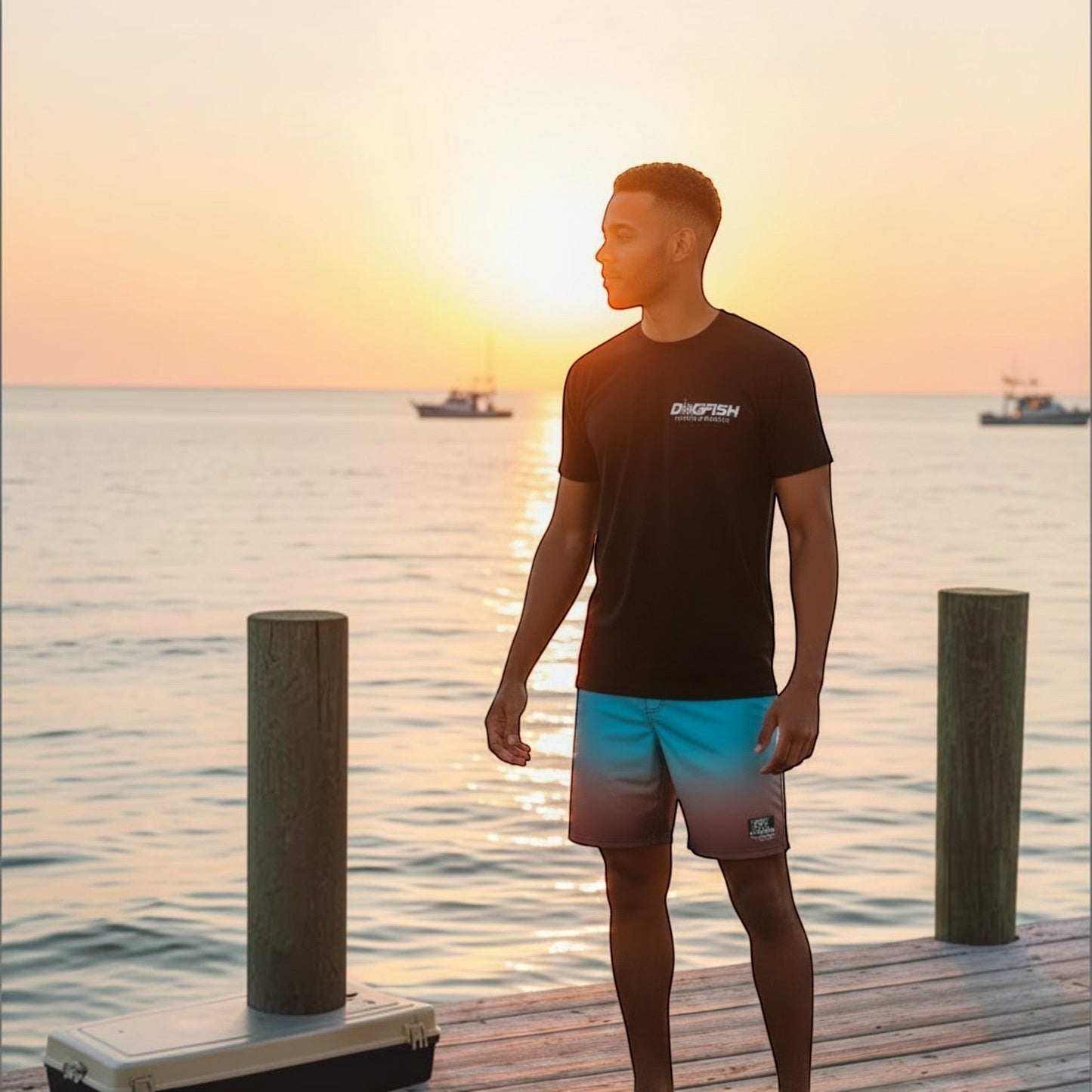 Dogfish Tackle & Marine black short sleeve t-shirt with Florida Unchained logo, worn by a man on a dock at sunset.