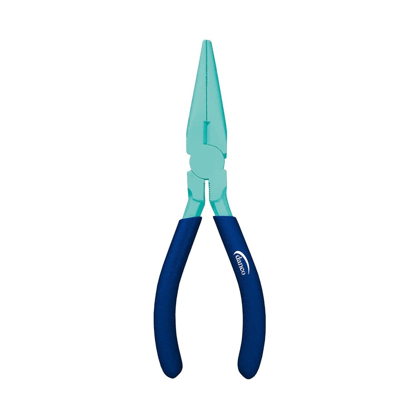 Dogfish Tackle & Marine 6-inch Danco needle nose fishing pliers with teal carbon steel jaws and blue PVC handles.