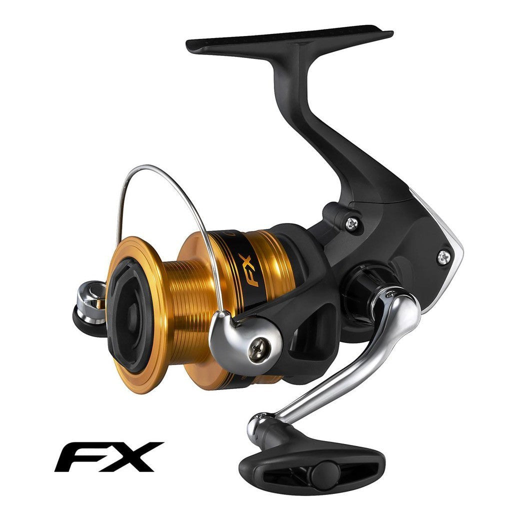 Dogfish Tackle & Marine Shimano FX spinning reel with gold spool and black body, featuring a silver handle and FX logo.