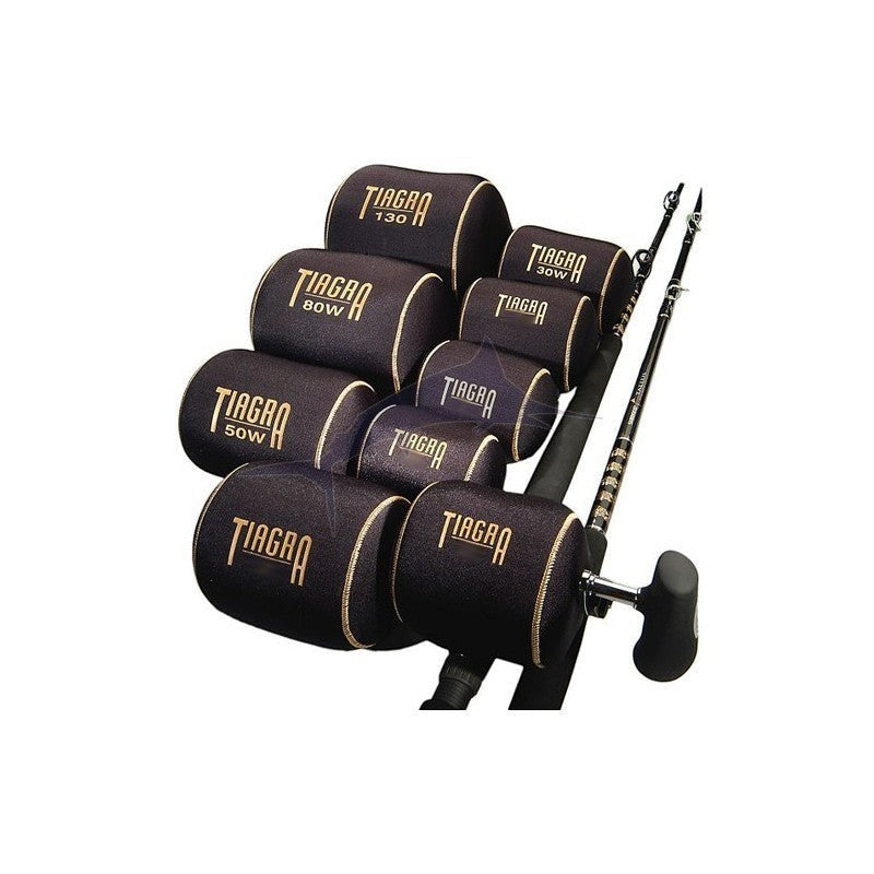 Dogfish Tackle & Marine Shimano Tiagra reel covers in black neoprene with gold logo and stitching. Multiple sizes shown.