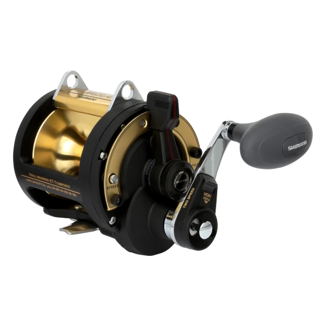 Dogfish Tackle & Marine Shimano TLD 2 Speed Conventional Reel, black with gold spool, 4 ball bearings, lever drag, and ergonomic handle.