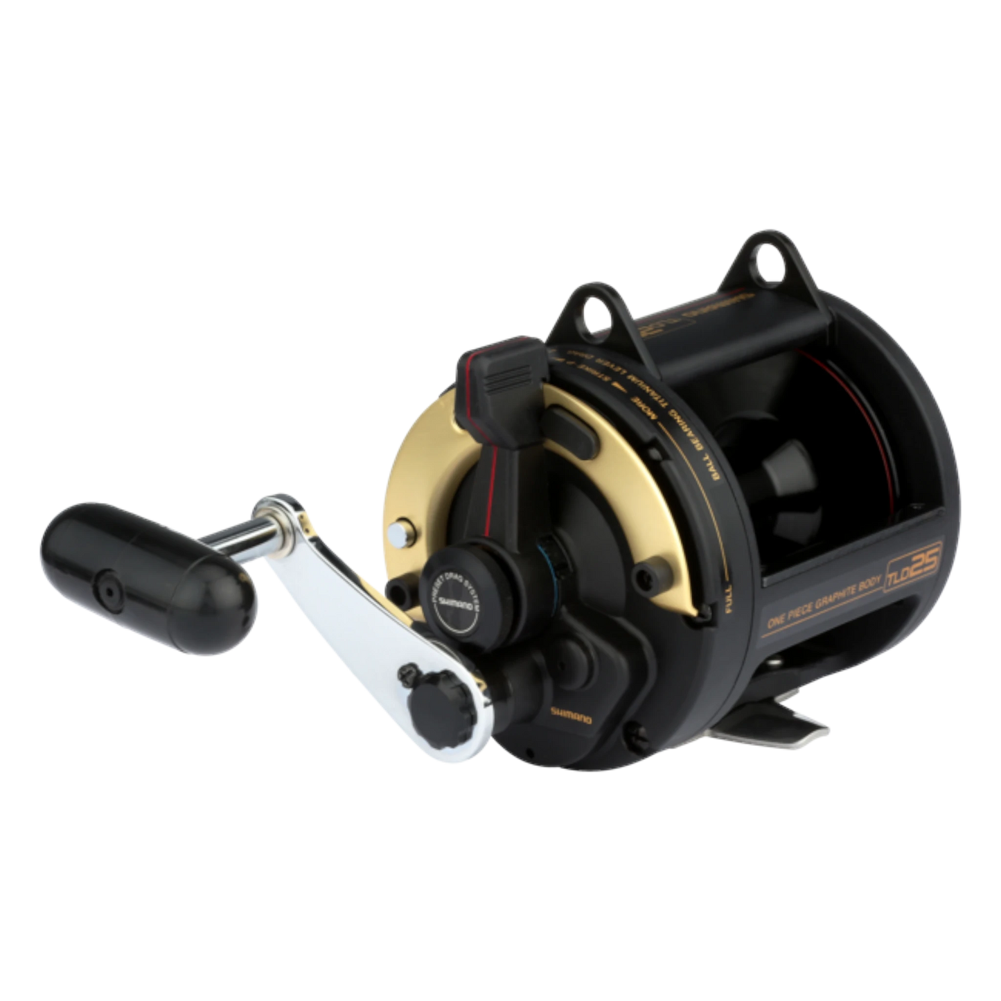 Dogfish Tackle & Marine Shimano TLD 25 conventional fishing reel, black with gold accents, features a silver crank handle.