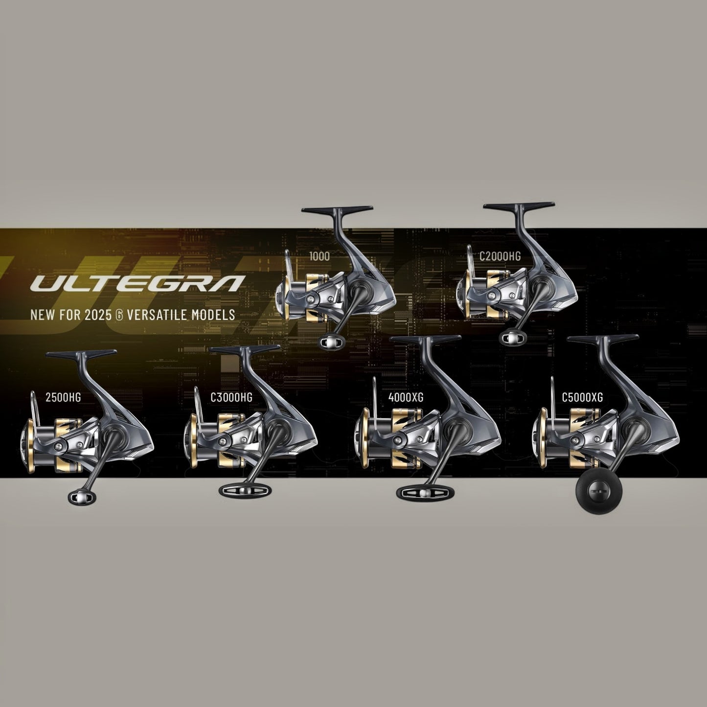 Dogfish Tackle & Marine Shimano Ultegra FD spinning reels in various sizes, featuring a dark grey body with gold accents.
