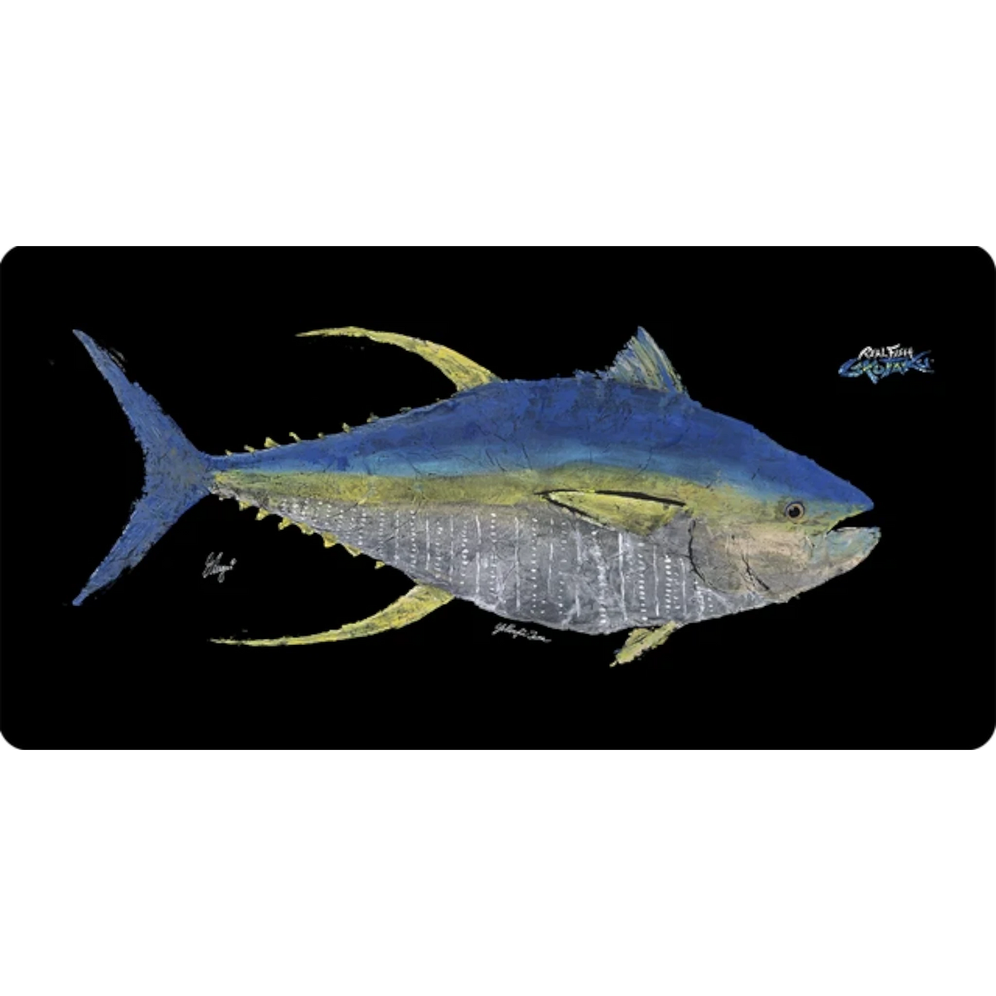 Dogfish Tackle & Marine large mouse pad featuring a blue and yellow tuna fish gyotaku art print on black background