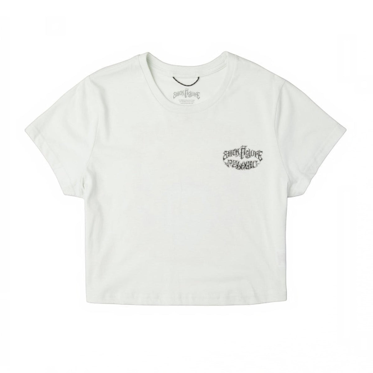 Dogfish Tackle & Marine white cotton blend cropped t-shirt with black "Stick Figure" graphic on chest.