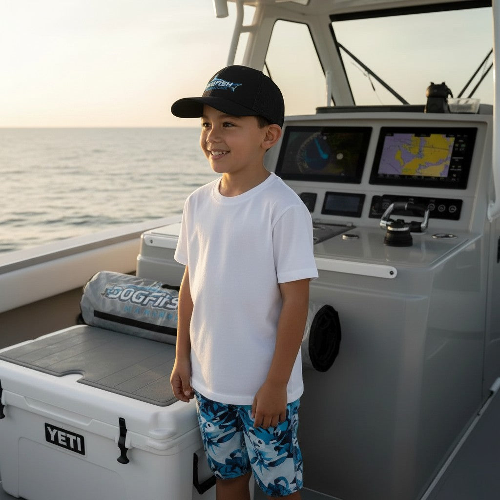 Dogfish Tackle & Marine youth black mesh back hat with logo, worn by a boy on a boat.