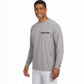 Man wearing a gray long-sleeve shirt with a logo on a white background