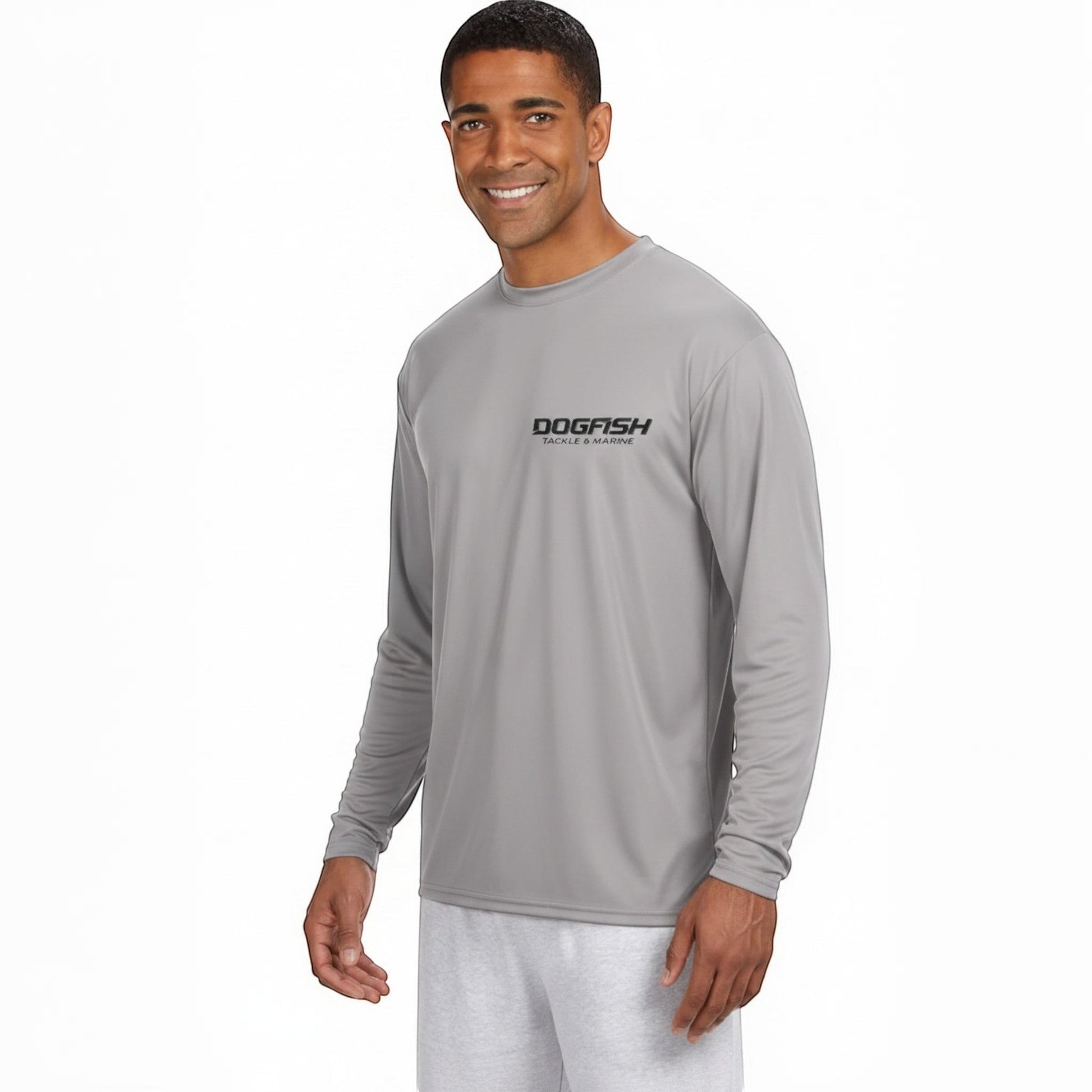 Man wearing a gray long-sleeve shirt with a logo on a white background
