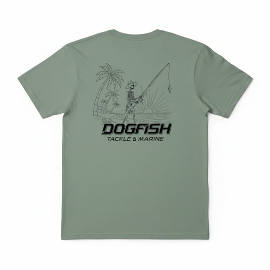 Green t-shirt with a graphic design and 'Dogfish Tackle & Marine' text on a white background