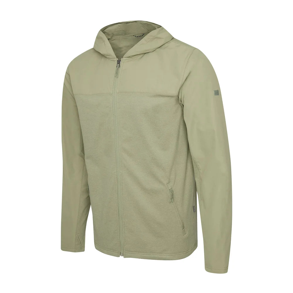 A light khaki hooded zip-up jacket displayed on a clean white background.