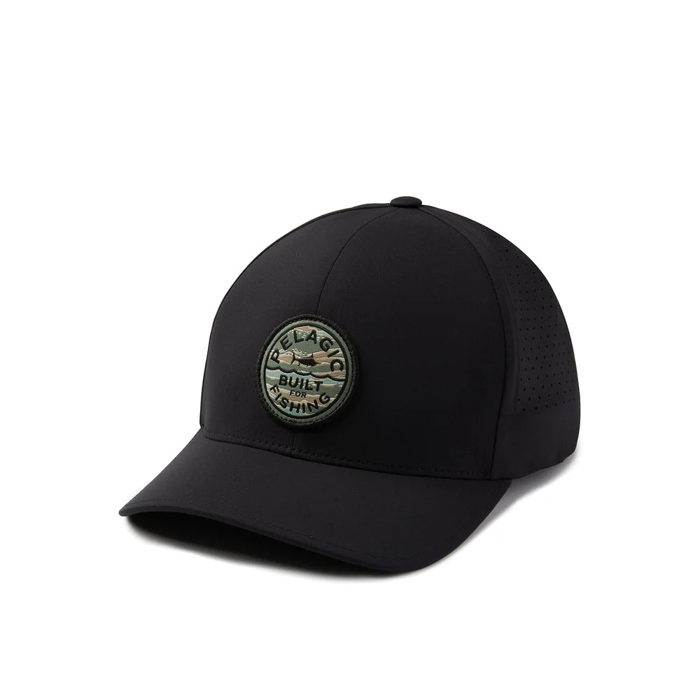 A black structured baseball cap with a curved brim, featuring a circular embroidered patch on the front that reads 'ELK BUILT VIRGINIA' with a deer graphic. The cap has subtle perforated details on the side panels and is photographed on a clean white background.