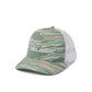 A Pelagic trucker hat featuring a green and beige tiger-stripe camouflage pattern on the front panel and brim, with a white mesh back. The brand name 'PELAGIC' is printed in white on the front.