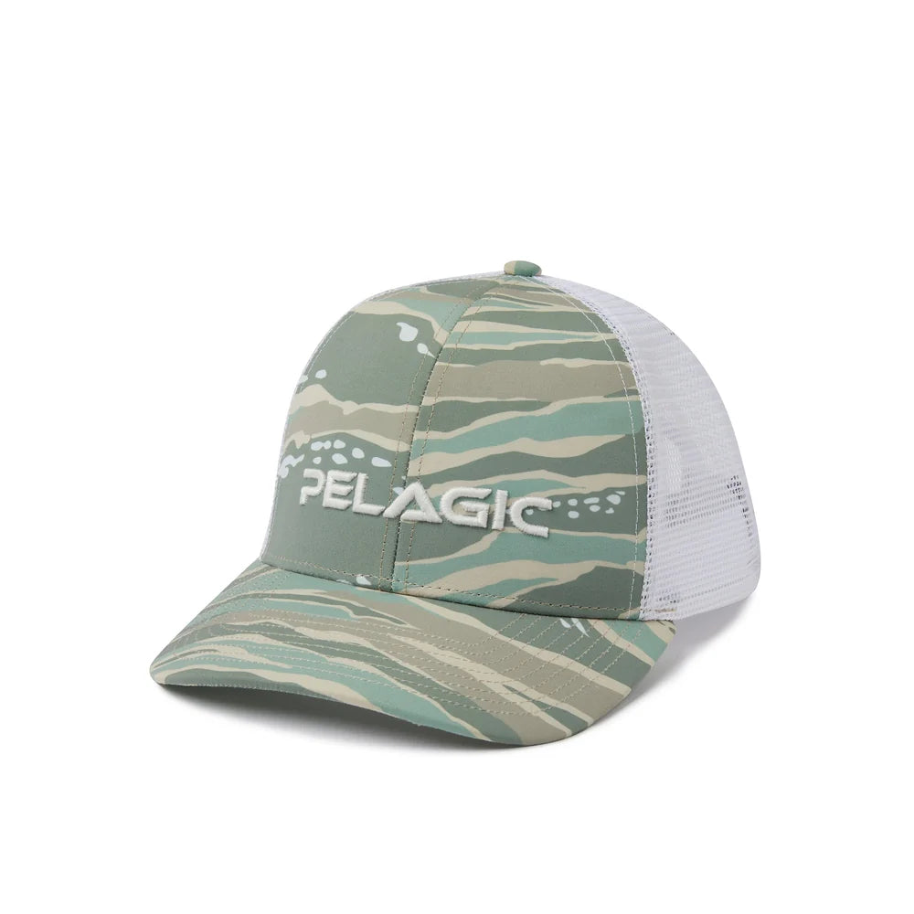 A Pelagic trucker hat featuring a green and beige tiger-stripe camouflage pattern on the front panel and brim, with a white mesh back. The brand name 'PELAGIC' is printed in white on the front.