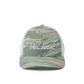 A Pelagic trucker hat featuring a sage green and beige wavy camouflage pattern on the front panel and brim, with white mesh back panels and white embroidered 'PELAGIC' branding on the front.