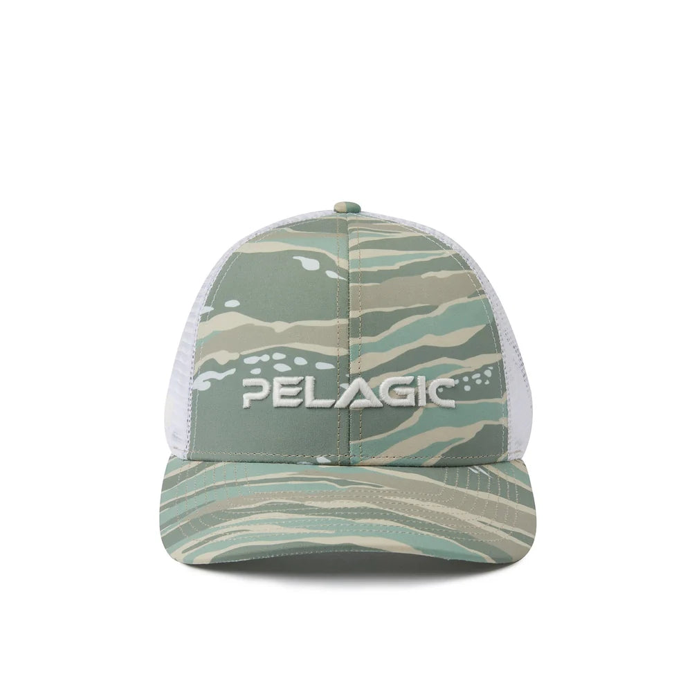 A Pelagic trucker hat featuring a sage green and beige wavy camouflage pattern on the front panel and brim, with white mesh back panels and white embroidered 'PELAGIC' branding on the front.