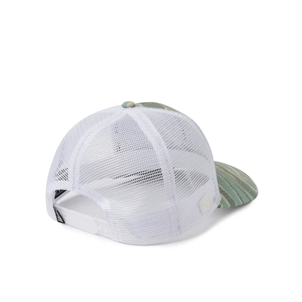 A white trucker-style cap with a white mesh back and a curved brim featuring a green and beige striped pattern, shown from a three-quarters angle on a white background.