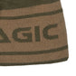Close-up of a ribbed knit beanie in brown and dark olive green, featuring the partial word 'AGIC' in dark green knit lettering.