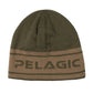 An olive green knit beanie hat featuring a tan horizontal stripe band across the lower half with the word 'PELAGIC' knitted in dark green across the front.