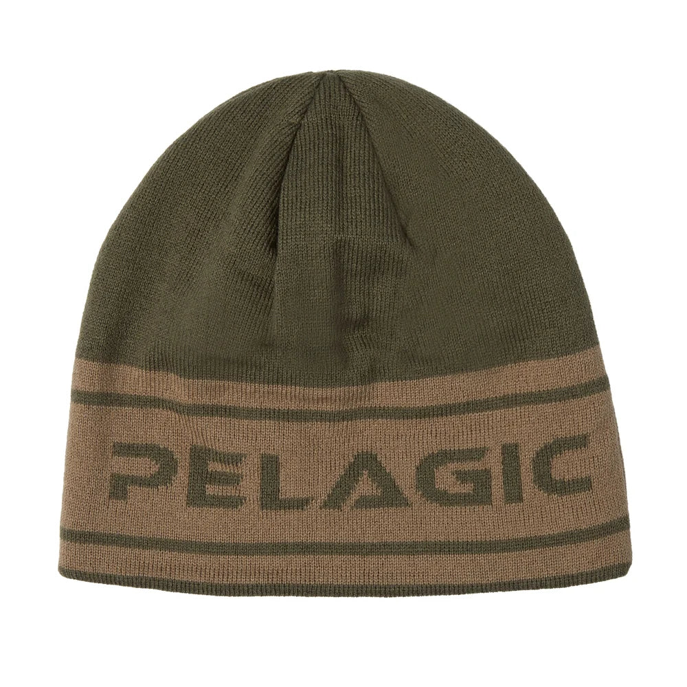 An olive green knit beanie hat featuring a tan horizontal stripe band across the lower half with the word 'PELAGIC' knitted in dark green across the front.