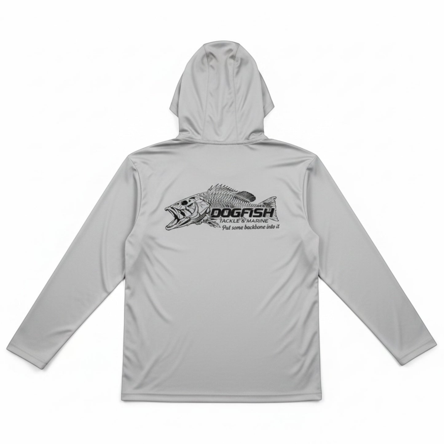 Gray hoodie with a fish graphic and 'Dogfish' branding on a white background