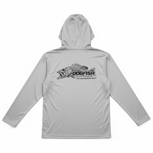 Gray hoodie with a fish graphic and 'Dogfish' branding on a white background