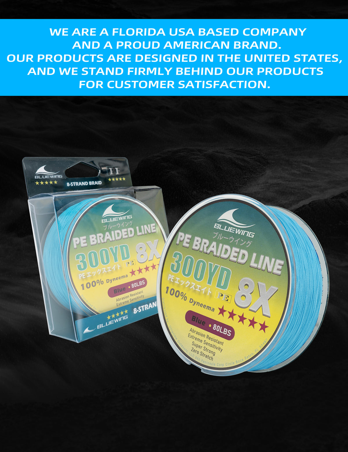 Two spools of Blue Wings PE Braided Line 300YD 8X shown with their retail packaging on a black textured background, with a blue banner at the top containing company text.