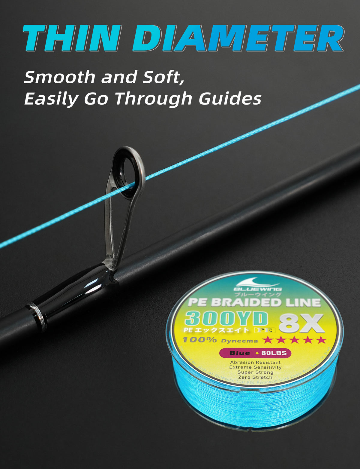 A spool of bright blue braided fishing line shown beside a black fishing rod on a dark background, with large text reading 'THIN DIAMETER' and smaller text describing the line as smooth, soft, and easily go through guides.