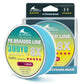 Bluewing brand 8-strand braided fishing line spool in blue, shown in front of its retail packaging box. The spool features a yellow and teal label with '300YD 8X' printed in bold text.