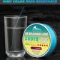 Blue Wing brand 300YD 8X PE braided fishing line in blue, shown on a spool next to a clear glass of water to demonstrate low water absorption, with promotional text at the top.