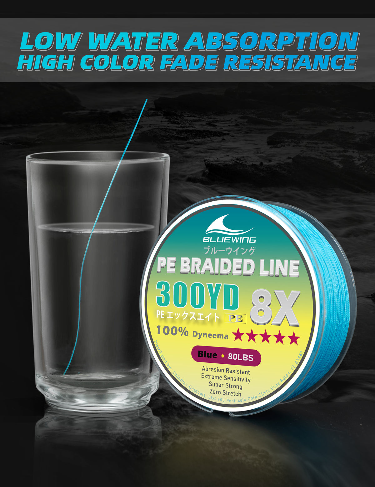 Blue Wing brand 300YD 8X PE braided fishing line in blue, shown on a spool next to a clear glass of water to demonstrate low water absorption, with promotional text at the top.