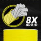 Yellow 8-strand braid fishing line spool shown on a black background with text reading '8 Strand Braid' and '8X BRAID'.