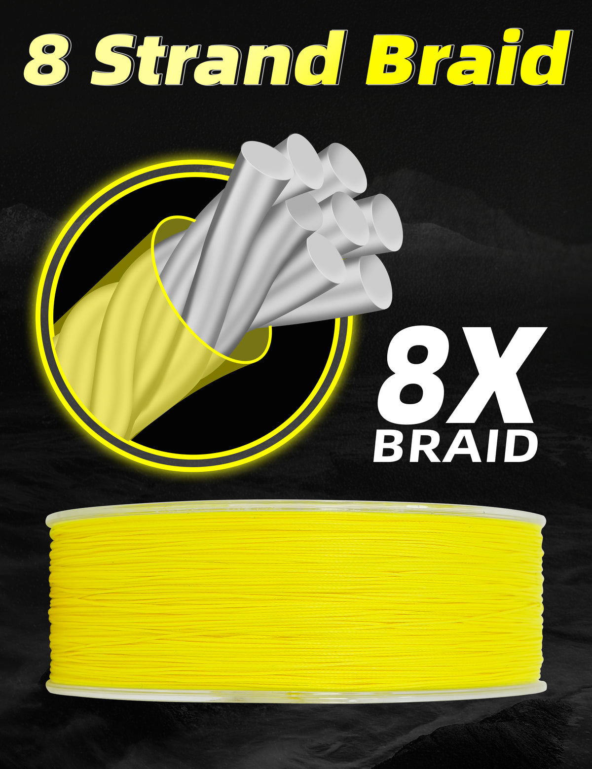 Yellow 8-strand braid fishing line spool shown on a black background with text reading '8 Strand Braid' and '8X BRAID'.