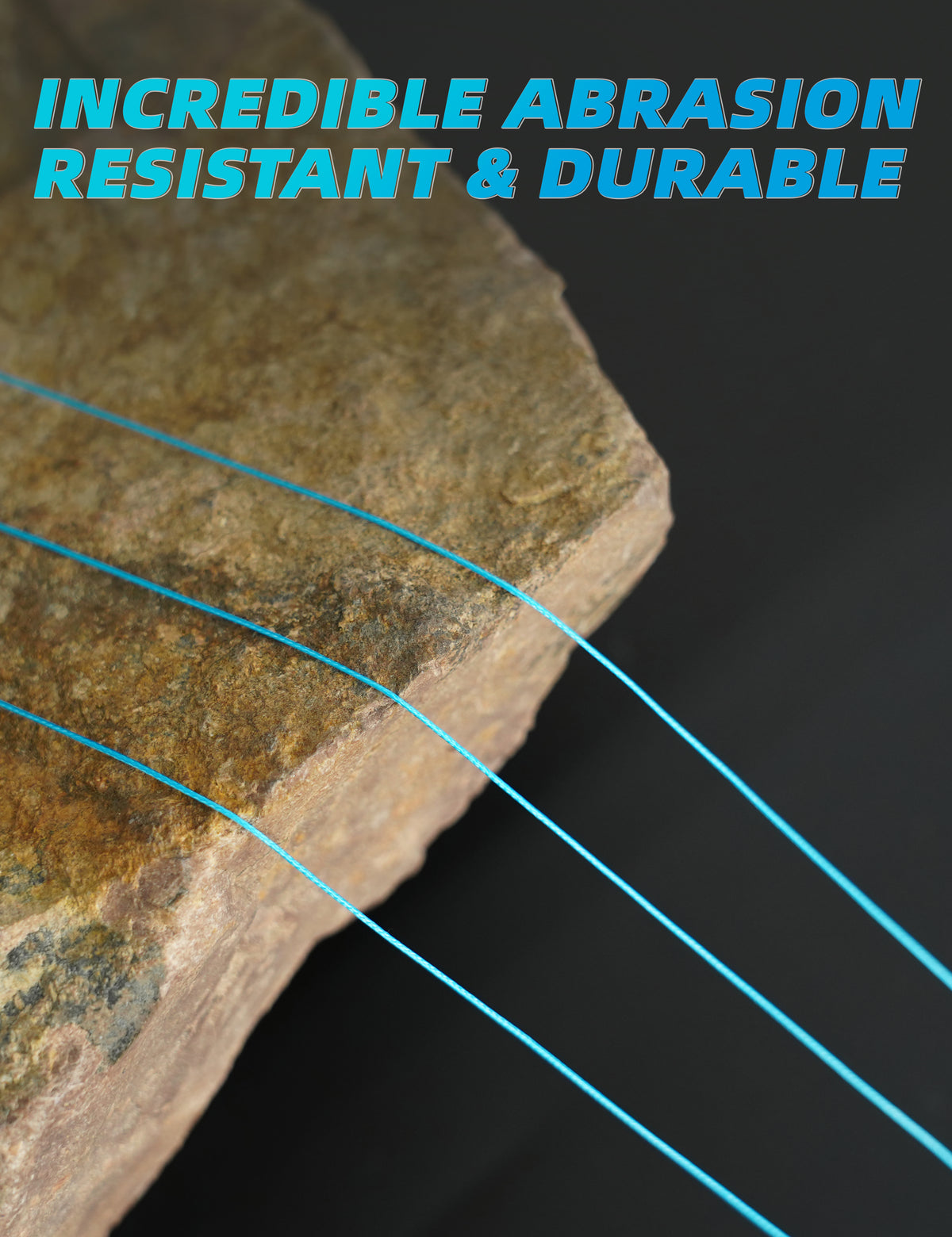 Close-up of a textured stone or metal edge with bright blue abrasion-resistant lines running diagonally across it, set against a dark background with the text 'INCREDIBLE ABRASION RESISTANT & DURABLE' in blue at the top.