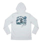 White hoodie with a graphic design on the back against a white background