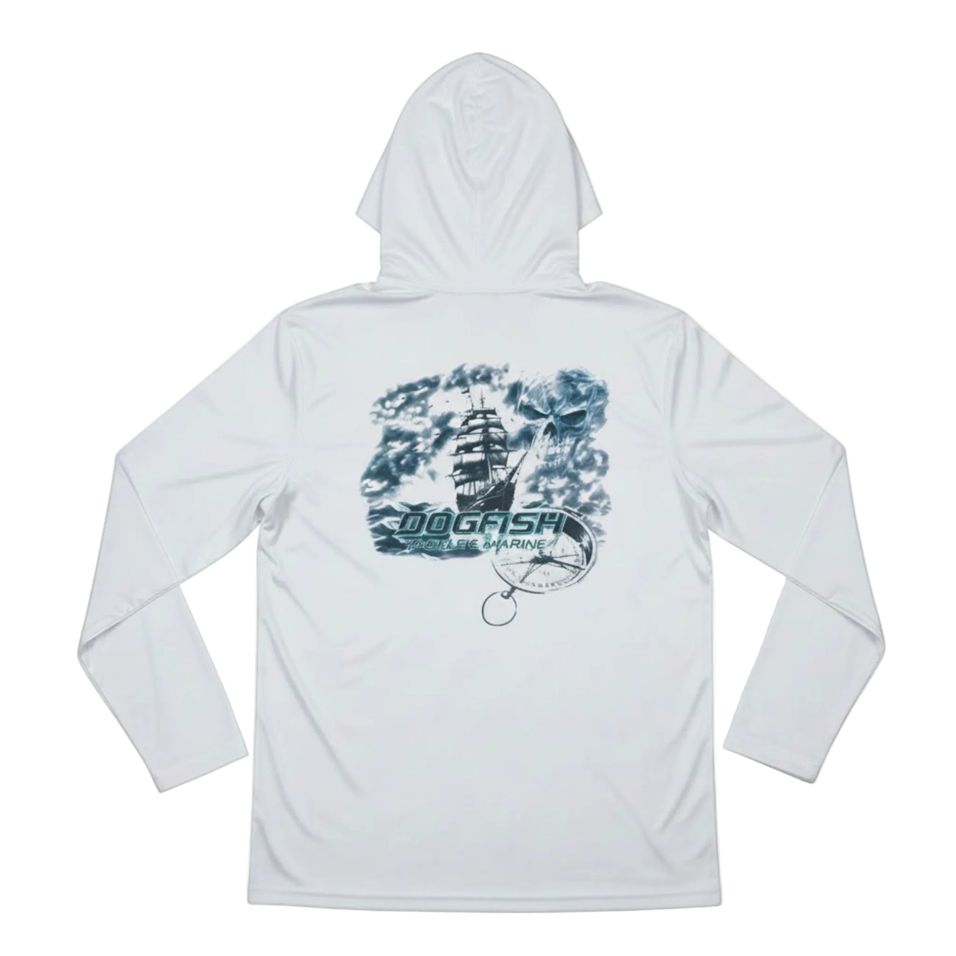 White hoodie with a graphic design on the back against a white background