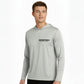 Man wearing a gray hoodie with a brand logo on a white background