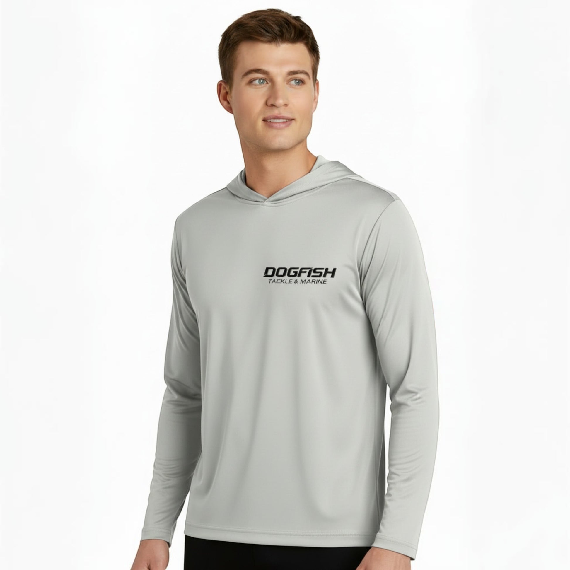 Man wearing a gray hoodie with a brand logo on a white background