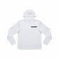 White hoodie with a logo on the chest against a white background