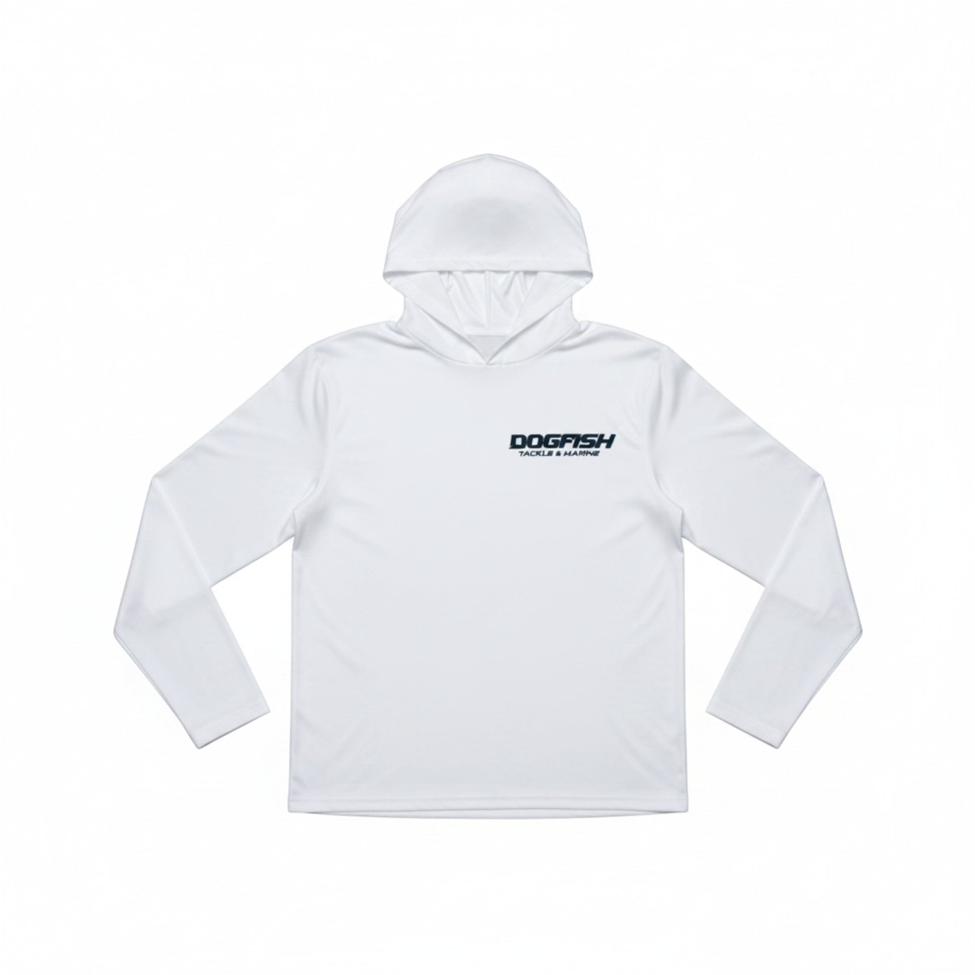 White hoodie with a logo on the chest against a white background