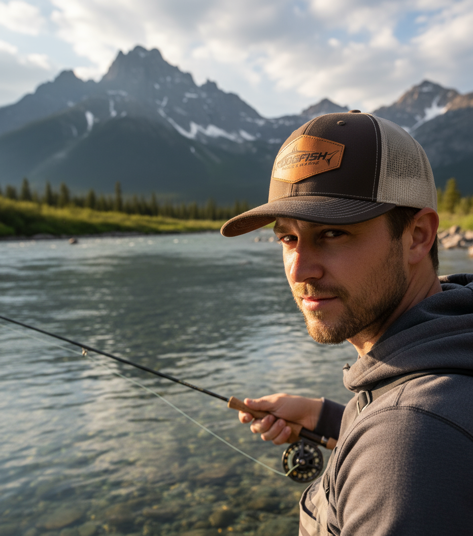 Dogfish Leather Tarpon Patch Premium Trucker Hat - Dogfish Tackle & Marine