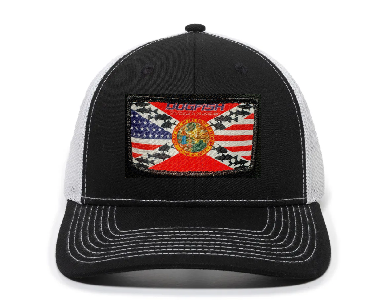 Black cap with a colorful flag design on a white background