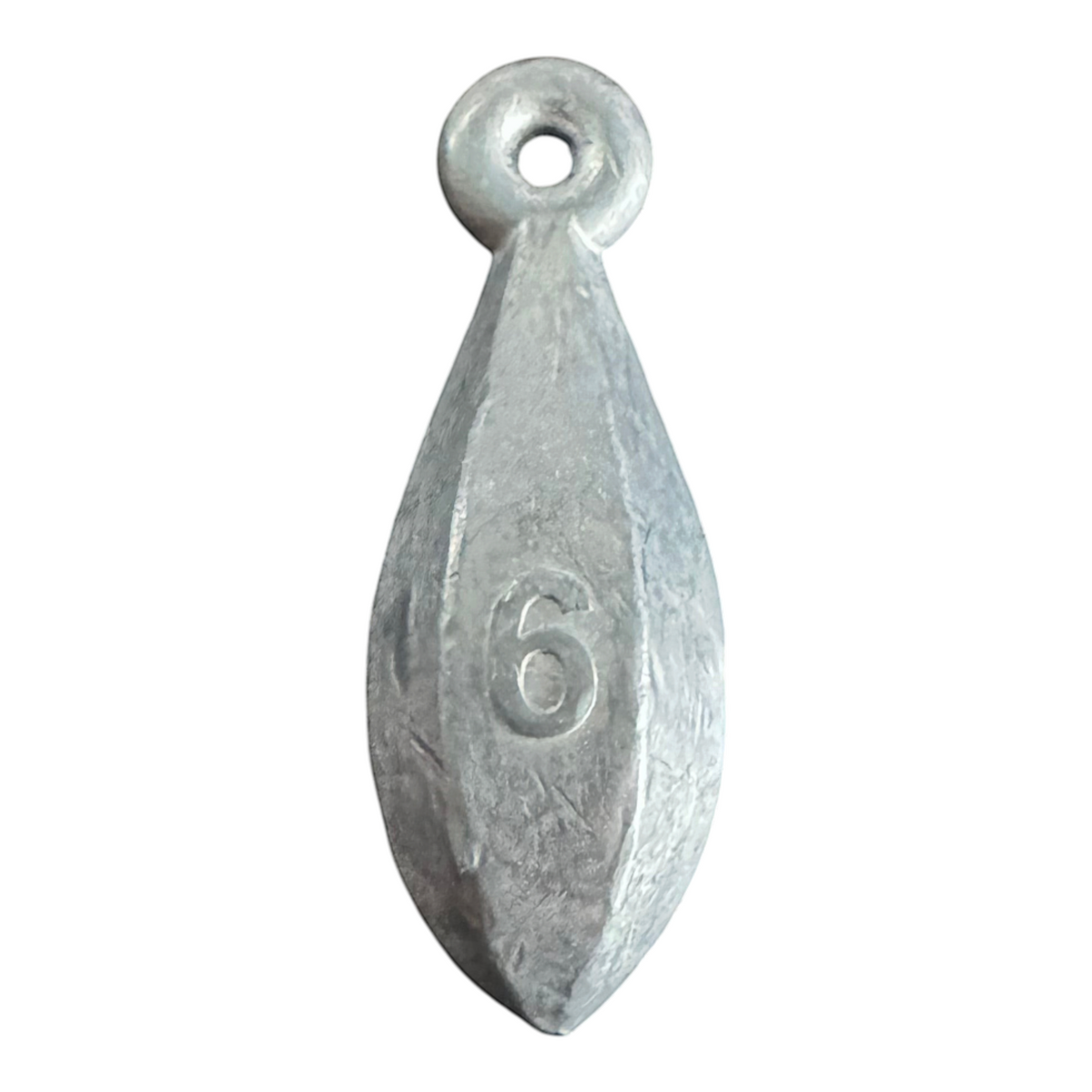 Dogfish Tackle & Marine 6oz lead bank sinker for bottom fishing with a streamlined shape and eyelet for rigs.