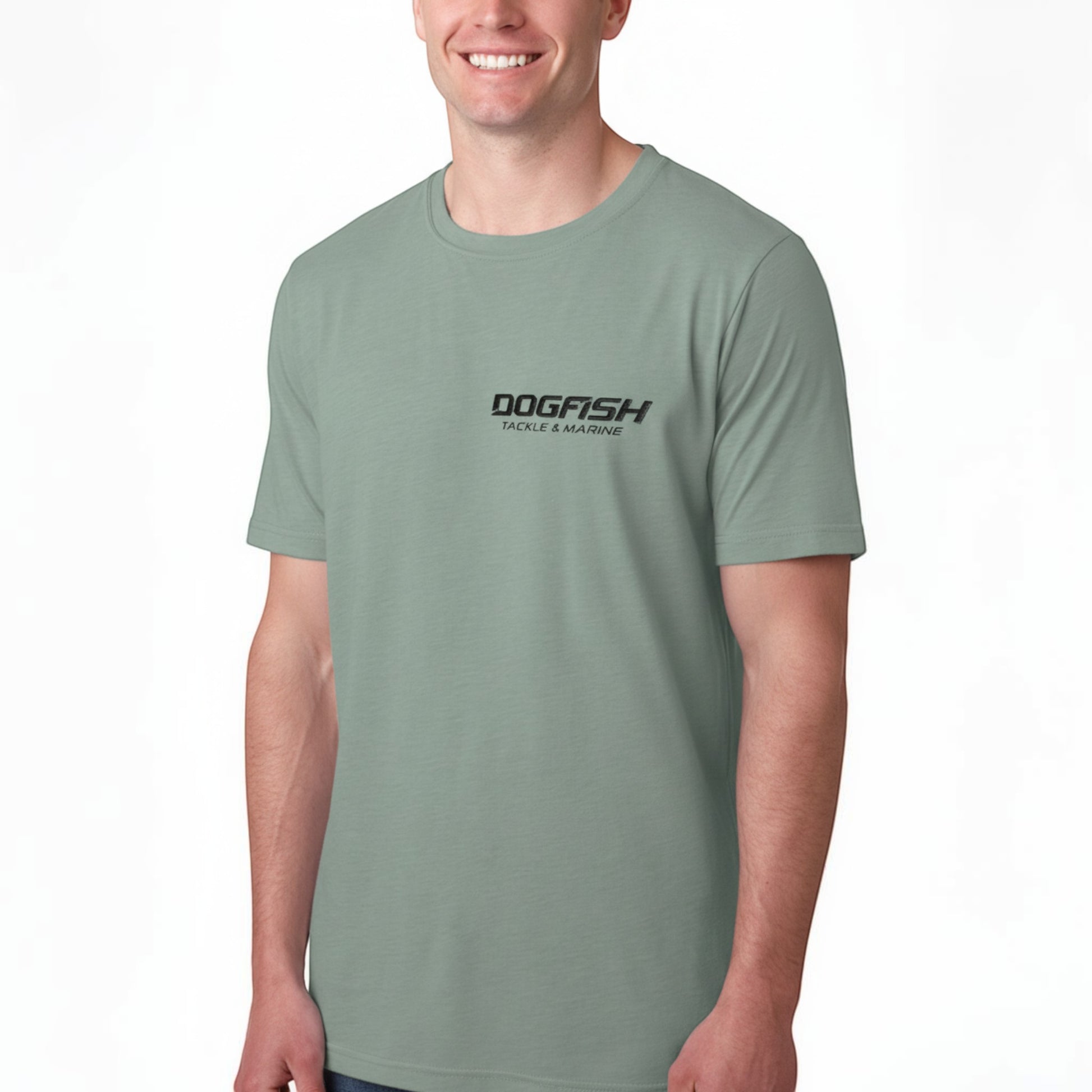 Person wearing a green t-shirt with 'Dogfish' logo on a white background
