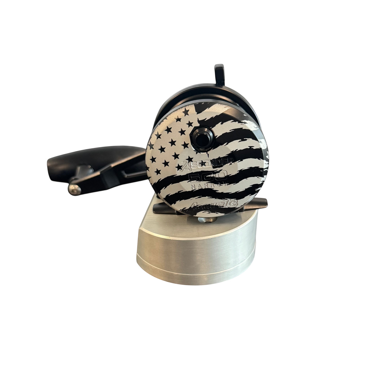 Dogfish Tackle & Marine Accurate Ascender jigging reel featuring a custom distressed American flag side plate design.