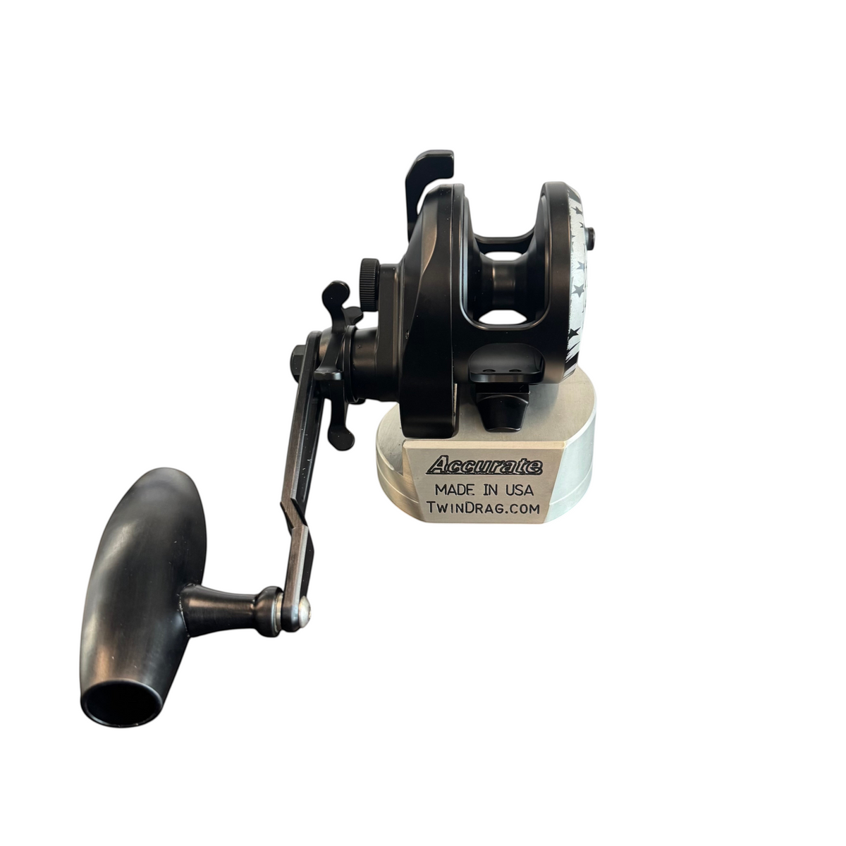 Dogfish Tackle & Marine Accurate Ascender jigging reel in black, featuring a star drag system and ergonomic handle.
