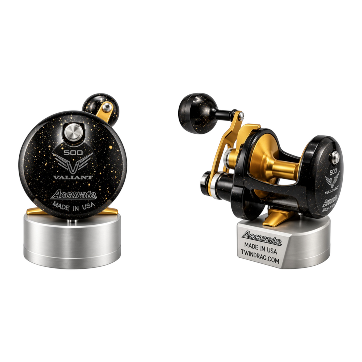 Dogfish Tackle & Marine Accurate Valiant 2 conventional fishing reel in black with gold flake and gold accents.