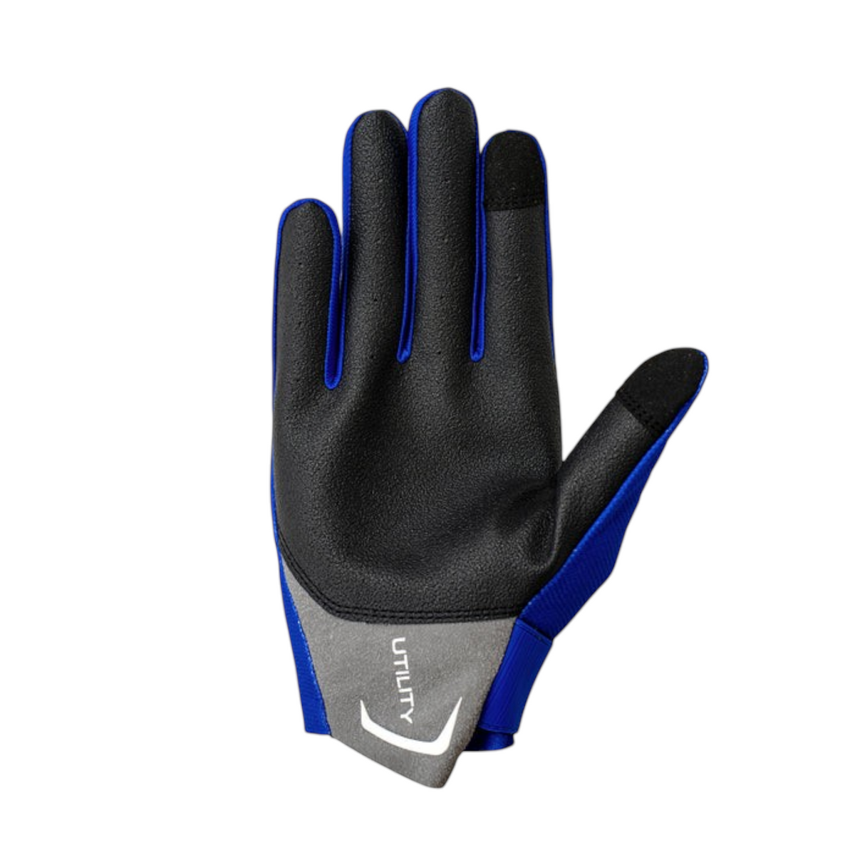 Dogfish Tackle & Marine Aftco Utility fishing gloves featuring a black Ax Suede grip palm and blue stretch fabric.