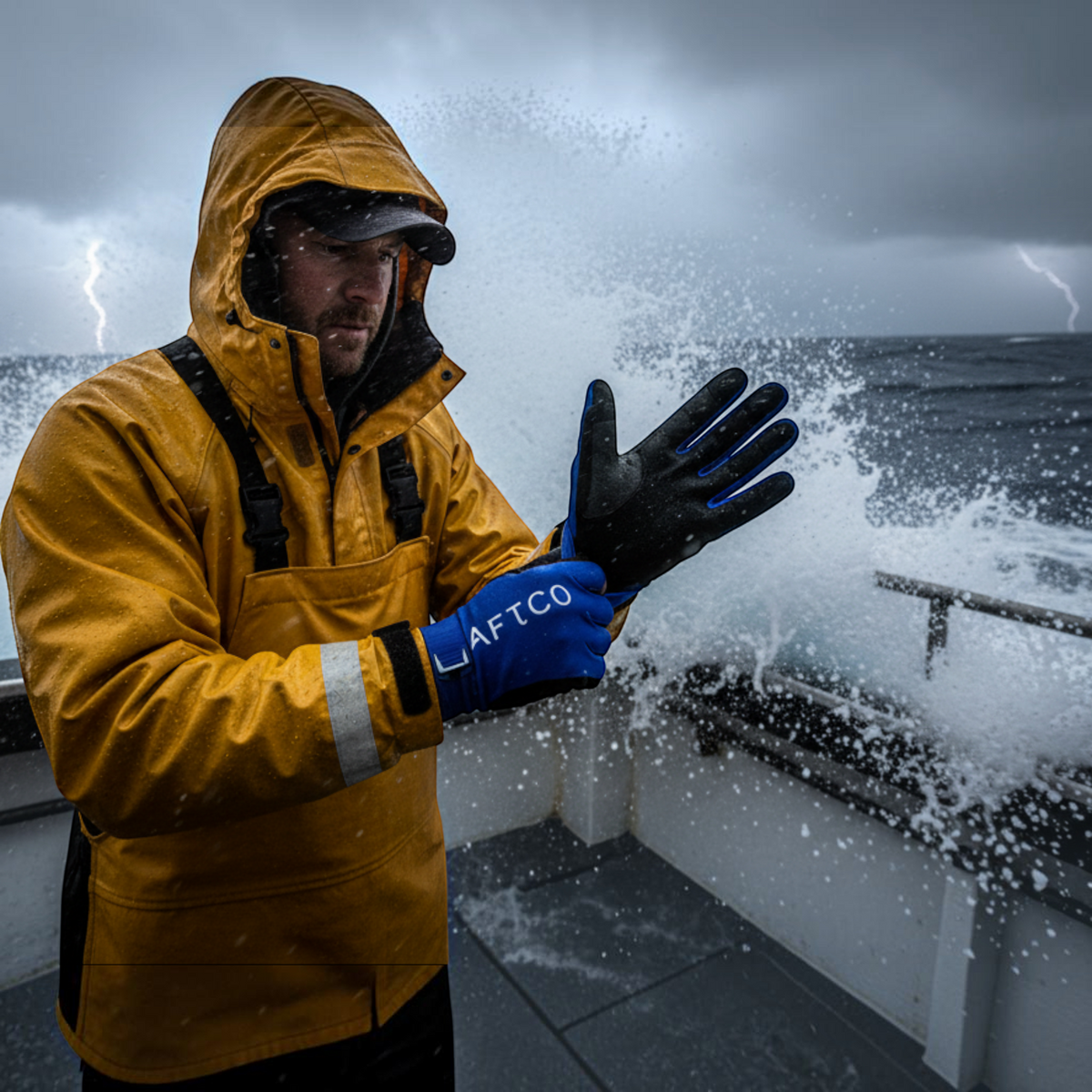 Dogfish Tackle & Marine fisherman wearing blue and black Aftco Utility fishing gloves on a boat during a storm.
